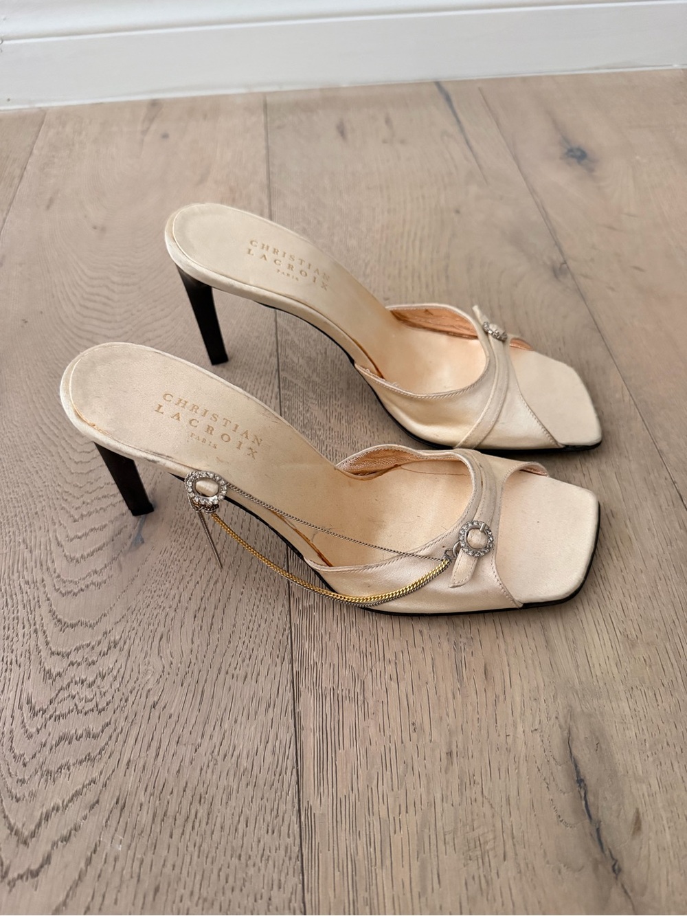 VintageChristian Lacroix Cream Satin Slide Sandals with Decorative Chains